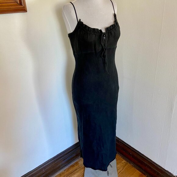VTG 90s 2000 y2k Black Maxi Midi 100% Linen Milk Maid Dress Potrait Tie Sun Med - Picture 14 of 15